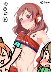 &gt;_&lt; 10s 3girls :3 animal_ears assisted_exposure bare_shoulders blood blush brown_hair capcom cheerleader chibi clearite clothes_pull clothes_writing closed_eyes flat_chest headphones highres hoshizora_rin koizumi_hanayo love_live! love_live!_school_idol_project midriff multiple_girls navel nishikino_maki nosebleed open_mouth orange_hair pom_pom_(cheerleading) purple_eyes red_hair shirt_pull short_hair shouryuuken smile strapless street_fighter surprised takaramonozu tube_top uppercut