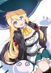 1girl @_@ absurdres aizawa_azusa ascot black_jacket blonde_hair blue_eyes blue_hat blue_skirt boots braid breasts brown_boots cleavage dress hair_between_eyes hair_over_one_eye hat highres jacket large_hat long_hair looking_at_viewer medium_breasts open_mouth simple_background sitting skirt slime_(creature) slime_(substance) slime_taoshite_300_nen_shiranai_uchi_ni_level_max_ni_nattemashita smile solo spicthudi strapless strapless_dress very_long_hair white_background white_dress witch witch_hat yellow_ascot |_|