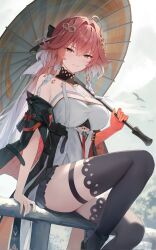 0_tang_hongcha 1girl breasts changli_(wuthering_waves) dress gloves hair_ornament highres holding large_breasts looking_at_viewer smile solo thighhighs wuthering_waves