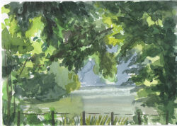 Rule 34 | blue sky, bush, day, fumeshi, grass, highres, no humans, original, painting (medium), park, pine tree, plant, pond, reflection, reflective water, rope fence, shadow, sky, traditional media, tree, water, watercolor (medium)