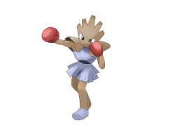 1boy black_eyes boxing_gloves clenched_hands closed_mouth commentary_request frown full_body gen_1_pokemon grey_shirt grey_skirt hitmonchan male_focus nintendo pokemon pokemon_(creature) pokemon_focus punching shirt simple_background skirt solo standing suzuki_(pixiv_9092094) white_background