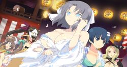 5girls aqua_kimono armor bell black_hat blonde_hair blue_eyes blue_hair blunt_bangs bow breasts brown_hair cleavage dark_background drum eyeshadow fang fangs floral_print floral_print_kimono flower game_cg gradient_background grey_hair hair_bow hair_flower hair_ornament hair_ribbon hairband hairclip hannya hat heart highres horns instrument japanese_armor japanese_clothes jewelry kimono kote kurokote lantern large_breasts long_hair makeup mask medium_hair minori_(senran_kagura) mole mole_under_mouth multiple_girls murakumo_(senran_kagura) neck_bell necklace noh_mask non-web_source official_art open_mouth parted_bangs print_kimono red_eyes red_ribbon ribbon senran_kagura senran_kagura_estival_versus shiki_(senran_kagura) short_hair side_ponytail sweatdrop taiko_drum torn_clothes twintails white_bow white_hairband white_kimono yaegashi_nan yozakura_(senran_kagura) yumi_(senran_kagura)