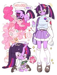 2girls :d alternate_hairstyle animal aroace_flag bag bisexual_flag black-framed_eyewear black_eyes black_hair black_shoes blue_eyes blue_skirt blue_sweater blunt_bangs blunt_ends blush_stickers book brown_eyes chibi chibi_inset closed_mouth colored_skin commentary commission creature_and_personification cup curly_hair cutie_mark dot_nose drinking_straw english_commentary english_text full_body glasses grin hair_between_eyes hair_ornament hair_scrunchie high_ponytail highres holding holding_book holding_cup hooves kneehighs long_hair long_sleeves looking_at_viewer mary_janes miniskirt multicolored_hair multiple_girls multiple_views my_little_pony my_little_pony:_equestria_girls my_little_pony:_friendship_is_magic no_pupils non-binary_flag open_book open_mouth outstretched_arm parted_bangs personification pink_hair pink_skin pinkie_pie pinkie_pie_(equestria_girls) pleated_skirt pony_(animal) ponytail puffy_long_sleeves puffy_sleeves purple_bag purple_hair purple_scrunchie purple_skin purple_skirt red_hair round_eyewear sci-twi scrunchie sharpycharot shirt shoes shoulder_bag side_ponytail sitting skirt sleeveless sleeveless_sweater sleeveless_turtleneck smile socks sparkle speech_bubble spoken_character sprinkles standing streaked_hair sweater tank_top turtleneck turtleneck_sweater twilight_sparkle unicorn unicorn_girl wariza white_shirt white_socks white_trim yellow_tank_top