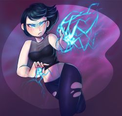 absurdres angry blue_eyes blue_hair blush breasts dark_blue_hair dearcottoncandy energy glowing glowing_eyes highres ice infamous infamous_2 legs lucy_kuo medium_breasts midriff navel pants shirt short_hair skindentation sleeveless sleeveless_shirt solo sony thighs tight_clothes tight_pants torn_clothes