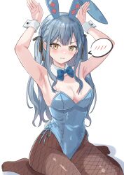 1girl absurdres animal_ears armpits bang_dream! bang_dream!_it&#039;s_mygo!!!!! beniyomogi black_pantyhose blue_hair blue_leotard blush braid breasts cleavage closed_mouth commentary_request fake_animal_ears highres large_breasts leotard long_hair no_shoes pantyhose partial_commentary playboy_bunny rabbit_ears sidelocks simple_background sitting solo spoken_blush strapless strapless_leotard sweatdrop togawa_sakiko variant_set wavy_mouth white_background white_wrist_cuffs wrist_cuffs yellow_eyes