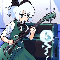 Rule 34 | 1girl, amplifier, black bow, black bowtie, black hairband, bow, bowtie, bright pupils, electric guitar, ghost, gramgarage9, green eyes, green skirt, green vest, grey hair, guitar, hairband, highres, hitodama, holding, holding instrument, instrument, konpaku youmu, konpaku youmu (ghost), music, playing instrument, sheath, short hair, skirt, skirt set, solo, touhou, upper body, vest