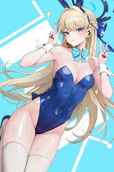 1girl absurdres animal_ears armpits bare_shoulders blonde_hair blue_archive blue_background blue_hairband blue_leotard blue_nails bow bowtie braid breasts cleavage closed_mouth commentary covered_navel detached_collar double_v earpiece expressionless fake_animal_ears hair_bow hairband halo hands_up highleg highleg_leotard highres leg_up leotard long_hair looking_at_viewer medium_breasts mole mole_under_eye multicolored_hair nail_polish official_alternate_costume playboy_bunny rabbit_ears shiny_leotard solo strapless strapless_leotard streaked_hair thighhighs thighs toki_(blue_archive) toki_(bunny)_(blue_archive) v very_long_hair white_thighhighs wrist_cuffs y.i._(lave2217)
