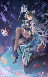 1girl absurdres black_gloves black_shoes black_thighhighs blue_bodysuit bodysuit breasts chinese_commentary cleavage_cutout clothing_cutout commentary_request earrings fish fox_mask gloves grey_hair hair_ornament half_gloves henjiwumei high_heels highres holding holding_mask honkai_(series) honkai_impact_3rd jewelry large_breasts long_hair mask parted_lips purple_eyes shoes single_glove single_leg_bodysuit sitting solo space thighhighs thighs vita_(honkai_impact) vita_(lone_planetfarer)_(honkai_impact)