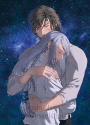 black_hair blue_ribbon braid clive_rosfield closed_eyes couple final_fantasy final_fantasy_xvi hair_ribbon highres hug jill_warrick long_hair low-tied_long_hair medishurahan parted_lips ribbon scar scar_on_face shirt single_braid sky smile star_(sky) starry_sky upper_body white_shirt
