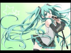 1girl aqua_eyes aqua_hair detached_sleeves ekra female_focus hatsune_miku letterboxed long_hair microphone microphone_stand music necktie one_eye_closed open_mouth singing skirt solo thighhighs twintails very_long_hair vocaloid wink