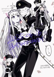 Rule 34 | 1boy, 1girl, alternate costume, apron, atyakodayo1, bandaged head, bandages, black dress, black eyes, black hat, black jacket, black pants, blush, carrying, cherry blossoms, chibi, chibi inset, commentary request, covered face, dress, enmaided, falling petals, gakuran, gakuseibou, geminism, gloves, hat, heart, heartbeat, highres, hirosoma kikyou, holding, holding sword, holding weapon, jacket, juliet sleeves, katana, kiss, kissing forehead, long dress, long hair, long sleeves, looking at another, looking at viewer, maid, maid apron, maid headdress, multiple views, one eye covered, own hands together, pants, petals, princess carry, puffy sleeves, purple eyes, school uniform, sheath, sheathed, simple background, sleeve cuffs, sparkle, swept bangs, sword, translation request, two side up, very long hair, weapon, white gloves, white hair, yamaga awasumi