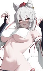 1girl absurdres animal_ear_fluff animal_ear_piercing animal_ears armpit_crease bare_shoulders black_bridal_gauntlets blush breast_curtain breasts bridal_gauntlets claw_pose commentary_request commission crop_top crossed_bangs detached_sleeves fang hair_between_eyes hands_up hat highres inubashiri_momiji korean_commentary large_breasts looking_at_viewer minox2n mouth_veil navel open_mouth red_eyes ribbon-trimmed_sleeves ribbon_trim see-through_clothes see-through_veil short_hair simple_background skin_fang smile solo standing stomach tail teeth touhou underboob upper_teeth_only veil white_background white_hair white_tail wide_sleeves wolf_ears wolf_girl wolf_tail