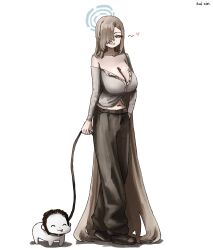 1boy 1girl absurdres animal_collar asuna_(blue_archive) baggy_pants blue_archive blue_eyes blue_halo breasts brown_hair brown_pants brown_shirt cleavage collar collarbone doodle_sensei_(blue_archive) hair_over_one_eye halo highres holding holding_leash huge_breasts kai_xin leash long_hair navel pants pet_play sensei_(blue_archive) shirt single_bare_shoulder smile very_long_hair