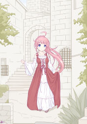1girl ahoge blue_eyes breasts castle clothes_pull dress dress_pull full_body highres iris_mysteria! k_(nura-rikuo) leaf long_hair looking_at_viewer medium_breasts ponytail red_hair red_ribbon ribbon rugenia_hadik_de_palvin smile standing