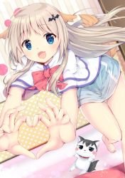 1girl 4-finger_heart_hands animal_ears barefoot blue_eyes bow cape dog dog_ears dog_tail dutch_angle fang foreshortening heart heart_hands light_brown_hair little_busters! long_hair maruma_(maruma_gic) noumi_kudryavka open_mouth pink_bow smile strelka tail white_cape