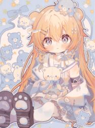 1girl :3 bare_shoulders blonde_hair blue_eyes blush brown_shoes closed_mouth commentary commission frilled_skirt frills hair_between_eyes hair_ornament hairclip highres indie_virtual_youtuber jacket kamizakana_iriko long_hair looking_at_viewer mekokuma_(vtuber) open_clothes open_jacket outline pantyhose paw_print_soles pleated_skirt sailor_collar shirt shoes sitting skeb_commission skirt sleeveless sleeveless_shirt solo stuffed_animal stuffed_toy teddy_bear virtual_youtuber white_jacket white_outline white_pantyhose white_sailor_collar white_shirt white_skirt