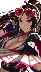 Rule 34 | absurdres, black gloves, blush, breasts, brown eyes, brown hair, cherry blossom print, cleavage, crop top, eyewear on head, fatal fury, fatal fury: city of the wolves, floral print, gloves, hand fan, heart, heart-shaped eyewear, high ponytail, highres, holding, holding fan, jacket, large breasts, leather, leather jacket, long sleeves, looking at viewer, pointing, pointing at viewer, ponytail, shiranui mai, smile, zer0z vi, zipper