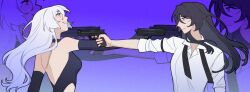 2girls acheron_(honkai:_star_rail) aiming black_swan_(honkai:_star_rail) breasts charathegay closed_mouth finger_on_trigger gun hair_over_one_eye handgun highres holding holding_gun holding_weapon honkai:_star_rail honkai_(series) long_hair long_sleeves looking_at_another multiple_girls purple_eyes purple_hair simple_background smile standing weapon