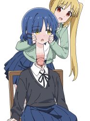 2girls black_jacket blonde_hair blue_hair bocchi_the_rock! chair disembodied_head dullahan green_jacket hair_ornament hairclip hands_on_another&#039;s_cheeks hands_on_another&#039;s_face highres ijichi_nijika jacket jbxpism misplaced_genitals multiple_girls on_chair penis penis_neck ponytail pussy shirt side_ponytail simple_background sitting solo textless_version uncensored what white_background white_shirt yamada_ryo yellow_eyes