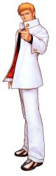 1boy absurdres capcom capcom_vs_snk_2 facing_to_the_side game_cg glasses highres jacket justice_gakuen kagami_kyousuke looking_to_the_side male_focus non-web_source official_art open_clothes open_jacket orange_hair pointing school_uniform short_hair solo white_background