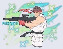 Rule 34 | 1boy, arms up, belt, black belt, brown eyes, brown hair, closed mouth, commentary, copyright name, cropped legs, english commentary, fingerless gloves, fortnite, gloves, gun, headband, highres, holding, holding gun, holding weapon, kalamari, light smile, looking to the side, male focus, pants, red gloves, red headband, ryu (street fighter), short hair, sideburns, single bare shoulder, sleeveless, solo, sparkle, street fighter, thick eyebrows, torn clothes, torn sleeves, weapon, white background, white pants