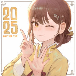 1girl brown_hair closed_mouth hair_bun hanbok highres korean_clothes ohaaang one_eye_closed shirt short_hair simple_background smile victory_(waktaverse) waktaverse yellow_eyes yellow_hanbok