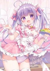 1girl animal_ear_fluff animal_ears apron bell blush bow bowtie breasts cat_ears cat_girl cat_tail cleavage detached_collar dress food frills hair_bow hair_ornament holding holding_tray long_hair looking_at_viewer maid maid_apron maid_headdress medium_breasts neck_bell open_mouth original panties picpicgram pink_bow pink_dress purple_eyes purple_hair purple_panties ribbon short_dress short_sleeves smile solo tail thighhighs tray twintails underwear white_apron white_thighhighs wrist_cuffs