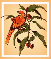 animal animal_focus beak berry bird border branch commentary english_commentary feathered_wings highres kitty_(fernwhisker) leaf looking_up no_humans original tail white_border wings yellow_background