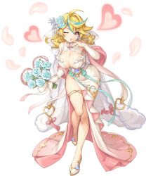 1girl ahoge artist_request bare_legs blonde_hair blue_hair bouquet breasts cleavage earrings falling_petals flower full_body game_cg gan_ning_(legend_clover) groin hair_flower hair_ornament hand_to_own_mouth highres holding holding_bouquet jewelry large_breasts legend_clover multicolored_hair no_panties official_alternate_costume official_art one_eye_closed orange_eyes petals solo standing standing_on_one_leg third-party_source transparent_background two-tone_hair