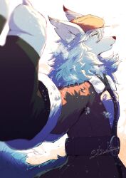 1boy animal_ears belt blue_eyes brown_belt brown_coat brown_headwear claws coat fate/grand_order fate_(series) fingerless_gloves from_side furry furry_male gloves highres looking_to_the_side patxi_(fate) sisualicon snow tail twitter_username white_background wolf_boy wolf_ears wolf_tail