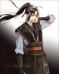 Rule 34 | 1boy, ahoge, bishounen, black hair, black hanfu, chinese clothes, covered mouth, cowboy shot, floating hair, gradient background, grey eyes, hair ribbon, hand on own face, hanfu, long hair, long sleeves, looking to the side, male focus, modao zushi, outside border, ponytail, red ribbon, ribbon, sash, sidelocks, simple background, solo, standing, tassel, tears, tunic, twitter username, watermark, wei wuxian, white background, yaopei, ykmr (haga)