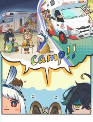 aqua_headband bandana bandana_around_neck black_shirt bonfire campfire camping chinchilla_ears chinchilla_girl chinchilla_tail cooking cooking_pot crossed_bangs fish-shaped_pupils genshin_impact green_bandana green_headband hawaiian_clothes headband highres kachina_(genshin_impact) kinich_(genshin_impact) koholasaurus_(genshin_impact) motor_vehicle mualani_(genshin_impact) shirt tartaglia_(genshin_impact) xinzoruo