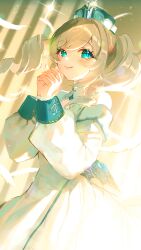 1girl absurdres barbara_(genshin_impact) bare_shoulders blonde_hair bloom blue_eyes book detached_sleeves dress drill_hair feathers genshin_impact harushio hat highres own_hands_together praying smile solo sparkle twin_drills twintails vision_(genshin_impact) white_dress white_hat white_sleeves