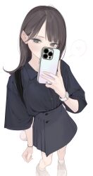 1girl absurdres ama_mitsuki black_dress blush bracelet brown_eyes brown_hair cellphone dress from_above highres holding holding_phone jewelry long_hair original phone shoes smartphone sneakers solo standing watch wristwatch