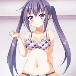 1girl animated animated_gif bikini blush bouncing_breasts bow bow_bra bra breasts cleavage female_focus frilled_bra frilled_panties frills frown gochuumon_wa_usagi_desu_ka? hair_ornament hairclip huge_filesize long_hair lowres navel panties plaid_bra plaid_clothes plaid_panties purple_bra purple_eyes purple_hair purple_panties riding_machine solo swimsuit syuurin tedeza_rize twintails ugoira underwear very_long_hair
