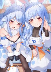 2girls angry animal_ear_fluff animal_ears bare_shoulders black_bodysuit black_gloves black_leotard black_pantyhose blue_hair blush bodystocking bodysuit braid braided_ponytail breasts cleavage closed_mouth coat coat_dress commentary_request detached_sleeves dress from_above fur-trimmed_gloves fur_scarf fur_trim gloves hair_over_shoulder highres hololive indoors large_breasts leotard leotard_under_clothes long_hair mature_female mother_and_daughter multicolored_hair multiple_girls orange_eyes pantyhose parted_hair pekomama pekomon_(usada_pekora) puffy_detached_sleeves puffy_short_sleeves puffy_sleeves rabbit-shaped_pupils rabbit_ears scarf see-through_cleavage see-through_clothes short_sleeves sidelocks sitting small_breasts smile strapless strapless_leotard streaked_hair sweatdrop swept_bangs symbol-shaped_pupils thick_eyebrows tucking_hair twin_braids twintails two-tone_hair tyabesu usada_pekora usada_pekora_(1st_costume) virtual_youtuber white_coat white_dress white_hair white_scarf white_sleeves