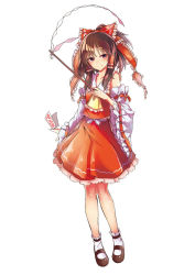 Rule 34 | 1girl, ascot, bare shoulders, bow, brown eyes, brown hair, collarbone, detached sleeves, female focus, frills, full body, gohei, hair bow, hair tubes, hakurei reimu, haraegushi, holding, mary janes, ofuda, oonusa, shirt, shoes, skirt, sleeveless, sleeveless shirt, smile, socks, solo, tamon ketsuyuki, touhou, white socks, wide sleeves