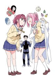 1boy 2girls anbe_masahiro atsumare!_fushigi_kenkyuubu bow brown_shoes coke-bottle_glasses glasses goryou_daisuke hair_bow hair_intakes highres hiratsuka_nonoka holding holding_vial lab_coat matching_outfits multiple_girls ninomiya_suzu pink_bow pleated_skirt purple_hair ribbon school_uniform shoes skirt small_sweatdrop sweater tagme twintails vial white_ribbon yellow_sweater