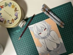 Rule 34 | 1girl, animal ears, art tools in frame, breasts, cameltoe, cleavage, collarbone, fang, finger to mouth, gluteal fold, greyscale with colored background, highres, inubashiri momiji, looking at viewer, midriff, orange background, red eyes, skindentation, slit pupils, smile, solo, spot color, tail, touhou, traditional media, tumugihikari, v-shaped eyebrows, white background, wolf ears, wolf tail