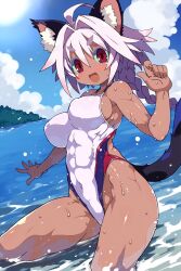 1girl abs ahoge animal_ear_fluff animal_ears armpits blush braid braided_ponytail breasts cat_ears cat_tail colored_tips competition_swimsuit dark-skinned_female dark_skin from_side full-face_blush hair_between_eyes highres large_breasts looking_at_viewer multicolored_hair ocean one-piece_swimsuit open_mouth original red_eyes short_eyebrows smile solo sun swimsuit tail toned toned_female tsukinoha_mio wet white_one-piece_swimsuit
