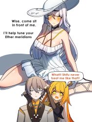 1boy 2girls absurdres animal_ears blonde_hair breasts cleavage commentary dorahdew dress english_commentary english_text grey_hair grey_vest hat highres ju_fufu large_breasts long_hair multiple_girls official_alternate_costume open_mouth short_hair simple_background sitting speech_bubble sun_hat sundress tiger_ears tiger_girl very_long_hair vest wariza white_background white_dress white_hair wise_(zenless_zone_zero) yellow_eyes yi_xuan_(zenless_zone_zero) zenless_zone_zero