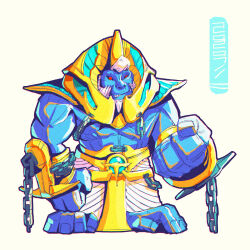 1boy ancient_egyptian_clothes animal_feet barefoot beard black_sclera blue_fur body_fur chain clenched_hands clenched_teeth colored_sclera cuffs dated facial_hair full_body furry furry_male hand_up iwse_zhang king_kong king_kong_(series) male_focus monkey_boy muscular muscular_male pharaoh red_eyes shackles sideburns simple_background solo standing teeth topless_male white_background white_hair