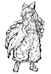 1girl absurdres bow breasts footwear_bow fujiwara_no_mokou hair_bow hands_in_pockets highres long_hair looking_to_the_side monochrome multiple_hair_bows pants pioartstuff puffy_pants simple_background small_breasts suspenders tokiame_(style) touhou very_long_hair white_background
