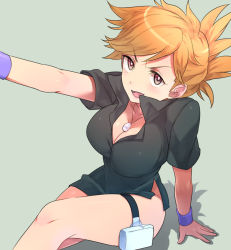 00s 1990s_(style) 1girl bad_deviantart_id bad_id bare_legs black_shirt blue_oak blush bottomless breasts brown_eyes brown_hair cleavage female_focus genderswap genderswap_(mtf) jewelry large_breasts naked_shirt naso4 necklace nintendo no_panties open_mouth orange_hair outstretched_arm pokemon pokemon_frlg pokemon_rgby ponytail retro_artstyle shadow shirt short_hair simple_background sitting solo thigh_strap wristband