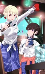 2girls absurdres black_hair black_pantyhose blonde_hair braid breast_pocket clothes_around_waist commentary_request dress_shirt hair_bun hair_ribbon highres holding holding_microphone inoue_takina jacket jacket_around_waist long_sleeves lycoris_recoil microphone multiple_girls name_tag nishikigi_chisato open_mouth orange_jacket pantyhose pocket red_eyes red_ribbon ribbon sengoku_chidori shirt short_hair_with_long_locks single_hair_bun sparkle teeth white_jacket white_shirt