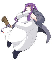 Rule 34 | 1girl, alternate body size, blunt bangs, blush, boots, breasts, buttons, clenched hand, closed mouth, covered navel, dress, fat, fat woman, fern (sousou no frieren), full body, grey robe, holding, holding staff, large breasts, long hair, long sleeves, mage staff, nantekottai25, purple eyes, purple hair, robe, simple background, solo, sousou no frieren, staff, thick arms, white background, white dress