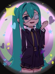 aged_down arm_up blue_eyes blue_hair female_focus hatsune_miku heart jua legs long_hair looking_at_viewer open_mouth school_uniform skirt solo star_(symbol) vocaloid