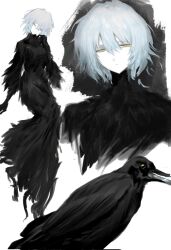 1girl angela_(project_moon) bird black_dress blue_hair closed_mouth crow dress feather_dress full_body highres library_of_ruina looking_at_viewer multiple_views official_alternate_costume project_moon short_hair simple_background solo standing uneslll white_background yellow_eyes