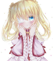 1girl absurdres blonde_hair blue_eyes blush colored_eyelashes commentary crown dress eyelashes eyepatch eyes_visible_through_hair falling_flower flower frilled_sleeves frills hair_between_eyes highres holding holding_own_hair juliet_sleeves kazamatsuri_institute_high_school_uniform long_hair long_sleeves looking_at_viewer medical_eyepatch mini_crown nakatsu_shizuru neck_ribbon one_eye_covered open_mouth pink_dress pink_flower puffy_sleeves red_ribbon rewrite ribbon school_uniform shy simple_background solo straight-on suzu_701kt triangle_mouth twintails upper_body white_background white_flower wide_sleeves