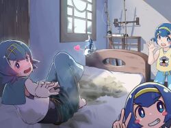3girls bed bedwetting blue_eyes blue_hair blue_pants blue_sailor_collar character_print embarrassed fishing_rod gen_1_pokemon gen_3_pokemon gen_7_pokemon harper_(pokemon) highres kyogre lana_(pokemon) legendary_pokemon misty_(pokemon) multiple_girls nintendo one-piece pants pee pee_stain peeing peeing_self pokemon pokemon_(anime) pokemon_sm_(anime) sailor_collar sarah_(pokemon) shellder swimsuit wet wet_clothes wetters666 wishiwashi